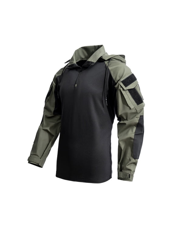 Men’s Tactical Shirt with Elbow Pads 1/4 Zipper Collar Sweatshirts Long Sleeves Top Military Pullover Combat T-Shirt with Hood Green,S