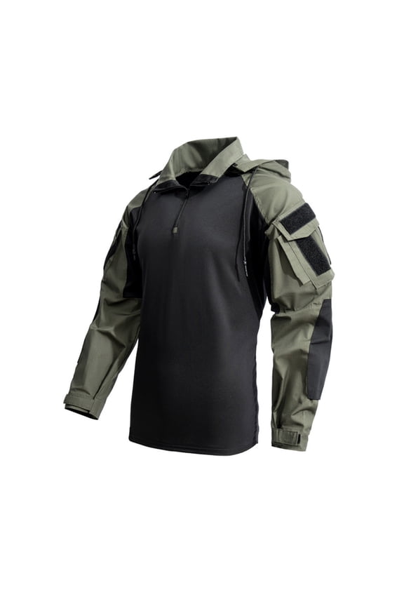Men’s Tactical Shirt with Elbow Pads 1/4 Zipper Collar Sweatshirts Long Sleeves Top Military Pullover Combat T-Shirt with Hood Green,S