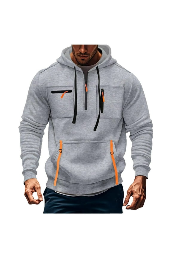 Mens Cargo Hoodie Tactical Hoodies Quarter Zip Pullover Vintage Workout with Pockets Military Sweatshirt Gray,M