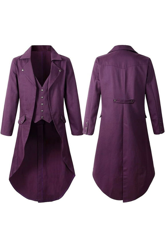 Mens Gothic Tailcoat Jacket Steampunk Victorian Coat Formal Party Halloween Costume Long Coat Lapel Collar Tuxedo 2025 Purple,S