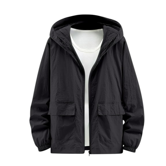 nerohusy Mens Hooded Shirt Jacket Full Zip Lightweight Windbreaker Breathable Hooded Jacket for Outdoor Travel Hiking Black,XXXL