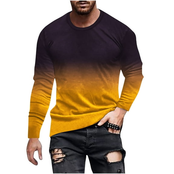 nerohusy Mens Long Sleeve Shirts Slim Fit Casual Gradient Color Pullover Graphic Tee Shirts Fall Crew Neck Athletic Sweatshirts Tops Yellow,M