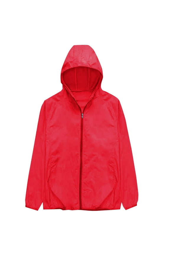 Mens Nylon Windbreaker Jacket Full Zip Lightweight Hoodie Breathable Hooded Jacket for Outdoor Travel Hiking Red,L