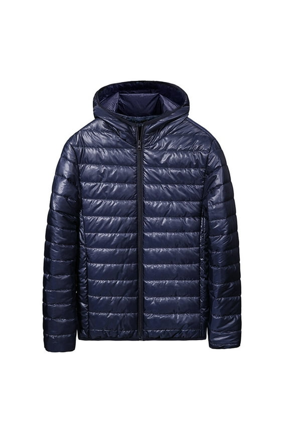 Mens Soft Puffer Jackets Hooded Light Packable Long Sleeve Zip Down Jacket Winter Warm Padded Bubble Outwear Coat 2025 Navy,XL