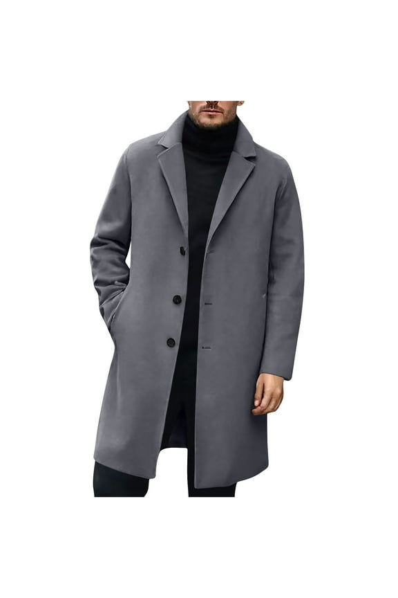 Mens Trench Coat Slim Fit Notch Lapel Fall Winter Single Breasted Pea Coats Mid Length Business Elegant Overcoat 2025 Dark Gray,XS