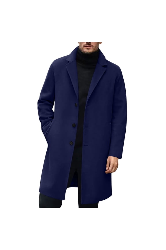 Mens Trench Coat Slim Fit Notch Lapel Fall Winter Single Breasted Pea Coats Mid Length Business Elegant Overcoat 2025 Navy,S