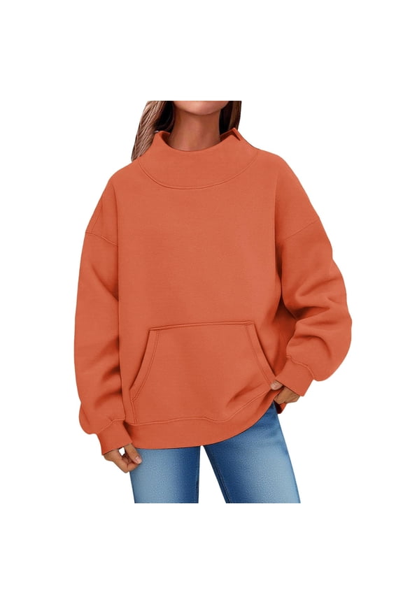 Mock Turtle Neck Sweatshirts Women Fall Oversized Pullover Plain Slouchy Fleece Long Sleeve Sweater Tops with Pocket Orange,XL