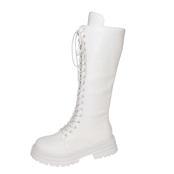 nerohusy Motorcycle Knee High & Mid Calf Boots for Women Wide Calf Platform Chunky Heel Lace up & Zipper White 39