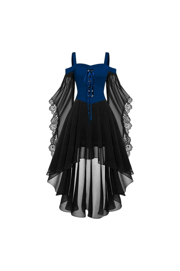 Off Shoulder Witch Dress Renaissance Medieval Vampire Costume Halloween Cosplay Butterfly Sleeve Mesh Gothic Dress 2025 Blue,M