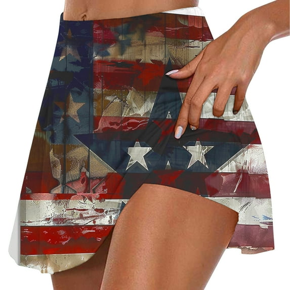 nerohusy Patriotic Skorts for Women American Flag Print High Waist Tummy Control Womens Yoga Shorts Athletic Tennis Mini Short Skirts 2025 Multicolor,L