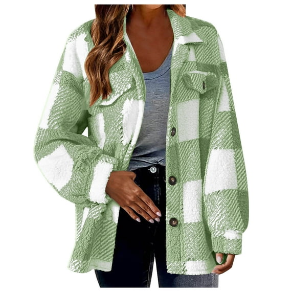 nerohusy Plaid Jackets Women Button Down Teddy Winter Coats Lapel Oversized Warm Fuzzy Outwear with Pockets 2024 Mint Green,XXXXXL