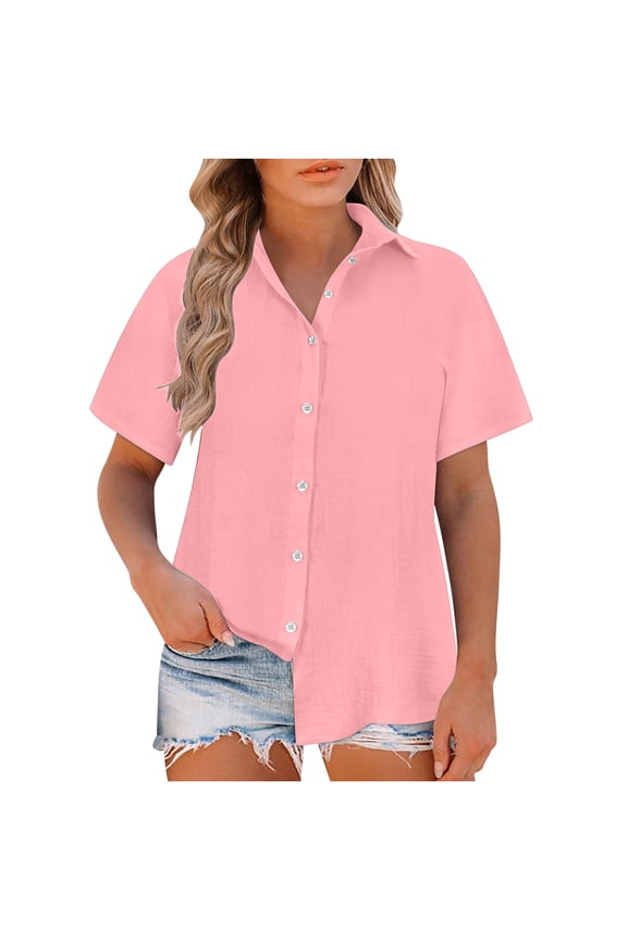 Plus Size Linen Tops for Women Button Down Shirts Short Sleeve Cotton Linen Collared V Neck Solid Casual Work Gauze Blouses 2025 Pink,XXXXL