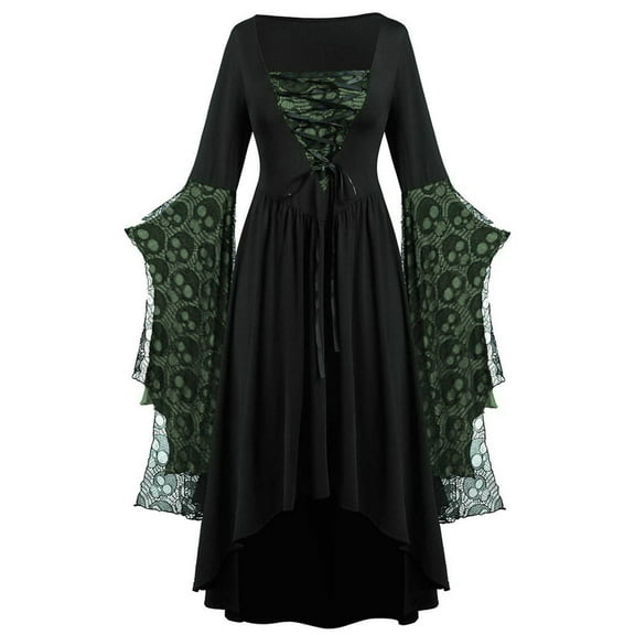 nerohusy Plus Size Witch Costumes Woman 2025 Butterfly Sleeve Witch Dress Lace Mesh Gothic Renaissance Medieval Vampire Dresses Army Green,M