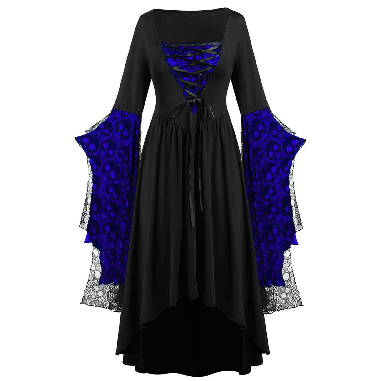 nerohusy Plus Size Halloween Costumes Woman 2025 Butterfly Sleeve Witch Dress Lace Corset Mesh Gothic Renaissance Medieval Dresses Dark Blue,S