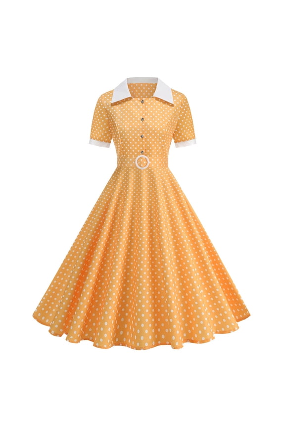 Polka Dot Swing Dress for Women Casual Short Sleeve Cocktail Dresses with Belt Vintage 1950s Retro Party Dress,Yellow,S