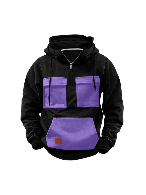Quarter Zip Pullover Hoodie Men Long Sleeve Cargo Pullover Fleece Tactical Jacket Sweatshirt Vintage Workout Hoodies Purple,XXXL