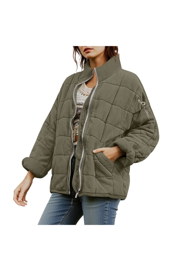 Quilted Jackets Women - Casual Lightweight Stand Collar Zipper Long Sleeve Warm Army Green,M