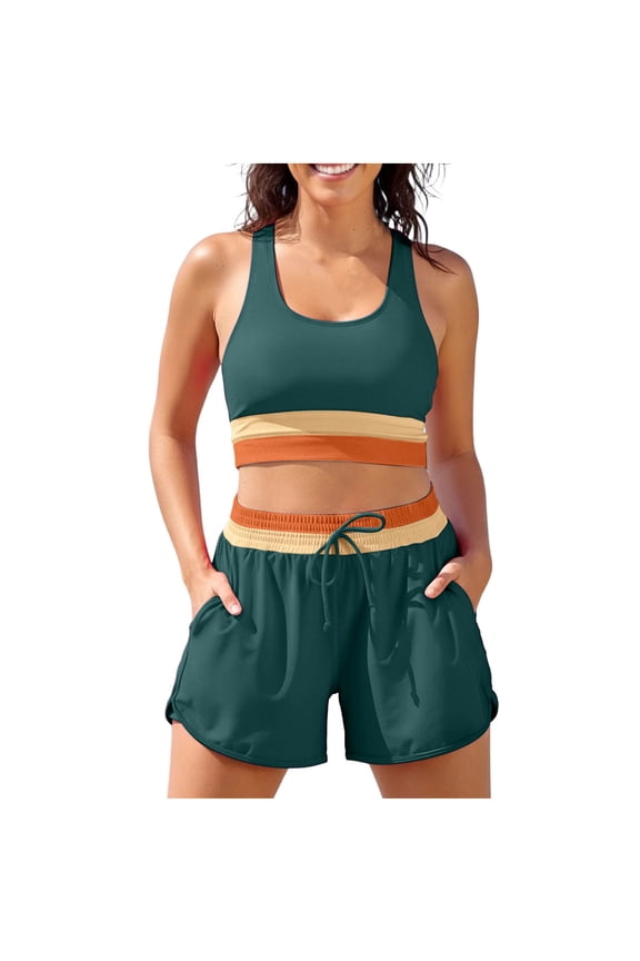 Racerback Zip Back Sports Bra Two Piece Swimsuit for Women Color Block High Waisted Drawstring Board Shorts,Green,M