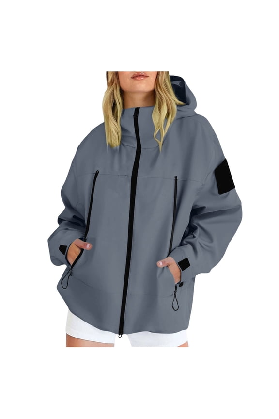 Rain Jacket for Women Loose Fit Waterproof Lightweight Rain Coat Hiking Windbreaker Jacket with Hood Trench Coat Fashion Gray,L