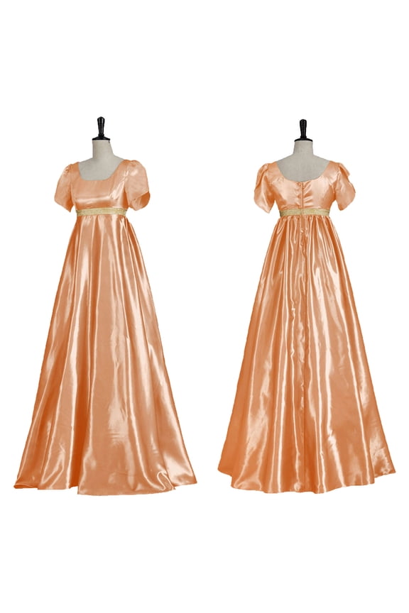 Regency Era Satin Sash Dresses for Women Renaissance Vintage Dress Empire Waist Victorian Tea Party Cosplay Ball Gown Orange,M