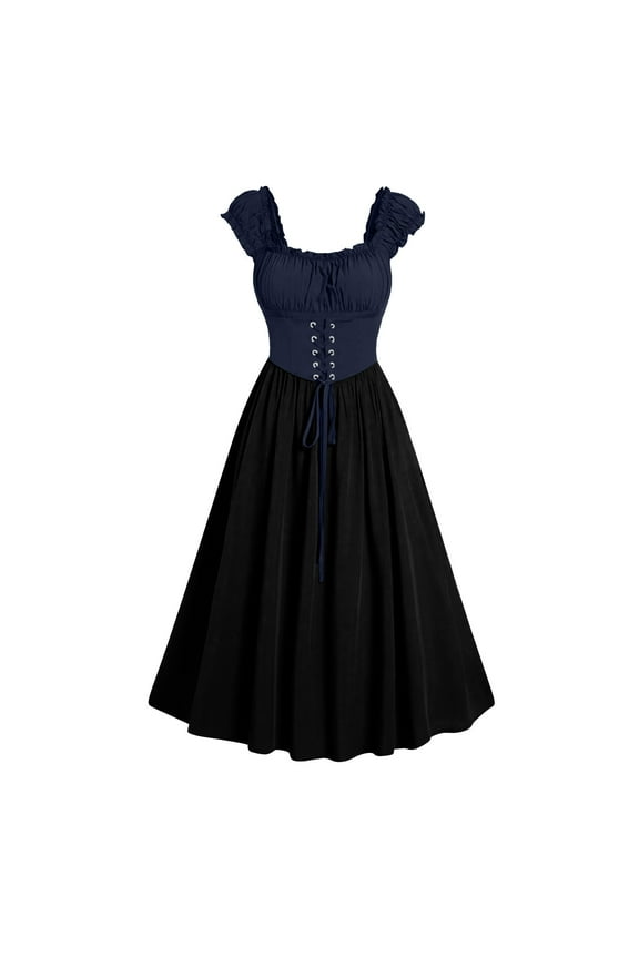 Renaissance Dress for Women Halloween Victorian Cottagecore Peasant Cosplay Costume Lace Up Retro Fairy Irish Pirate Chemise Navy,L