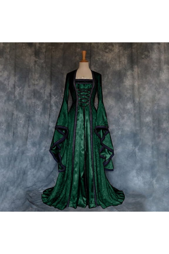Renaissance Dresses for Women Costume Ball Gown Lace Up Trumpet Sleeves Gothic Medieval Vintage Irish Peasant Dress Green,XXXXL