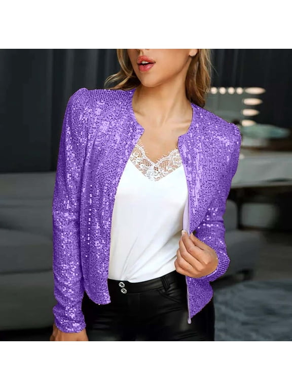 Sparkle Jacket,Sequin Blazer for Women Elegant Shimmer Jacket Casual Long Sleeve Glitter Party Shiny Lapel Coat Rave Lightweight Blazer Coat 2024 Purple,M