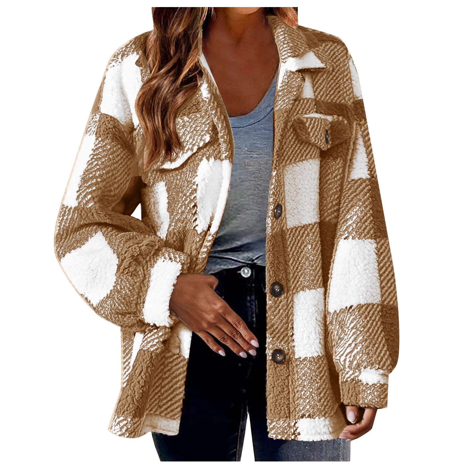 nerohusy Shackets for Women 2024 Winter Warm Fuzzy Fleece Sherpa Plaid Shirt Jackets Plus Size Button Down Long Sleeve Coats Coffee,L