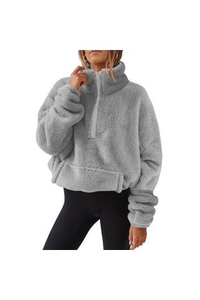 Sherpa Jacket Women Half Zip Faux Wool Furry Loose Fit Cropped Pullover Comfy Warm Teddy Winter Coats with Pockets Gray,M