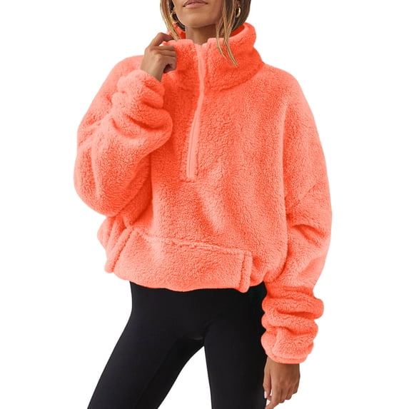 nerohusy Sherpa Jacket Women Half Zip Faux Wool Furry Loose Fit Cropped Pullover Comfy Warm Teddy Winter Coats with Pockets Orange,L