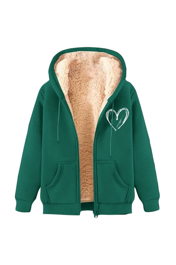 Sherpa Jacket Women with Hood Thick Fleece Lined Zip up Y2k Sweatshirts Casual Love Heart Print Winter Warm Coats Army Green,XXL