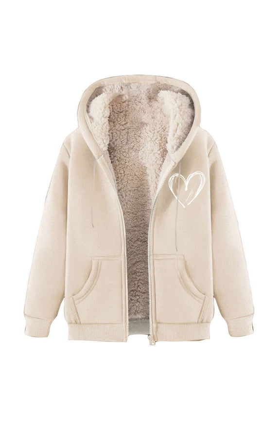 Sherpa Jacket Women with Hood Thick Fleece Lined Zip up Y2k Sweatshirts Casual Love Heart Print Winter Warm Coats Beige,XXXL