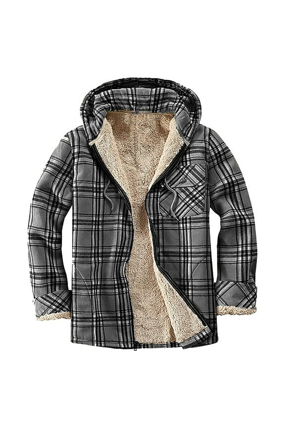 Sherpa Lined Plaid Women's Jacket - Zip Up Hooded Flannel Fleece Shacket Winter Warm with Pockets Black,M