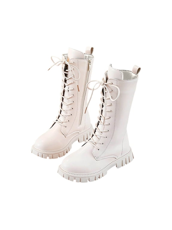 Side Zipper Fleece Lined Girls Mid Calf Boots Warm Lace Up Waterproof PU Leather Punk Goth Riding Boots White 5.5-6Years