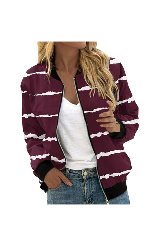 Striped Jackets for Women 2024 Full Zip Bomber Jacket Lightweight Fall Winter Coats Long Sleeve Oversized Windbreaker Wine,XXL