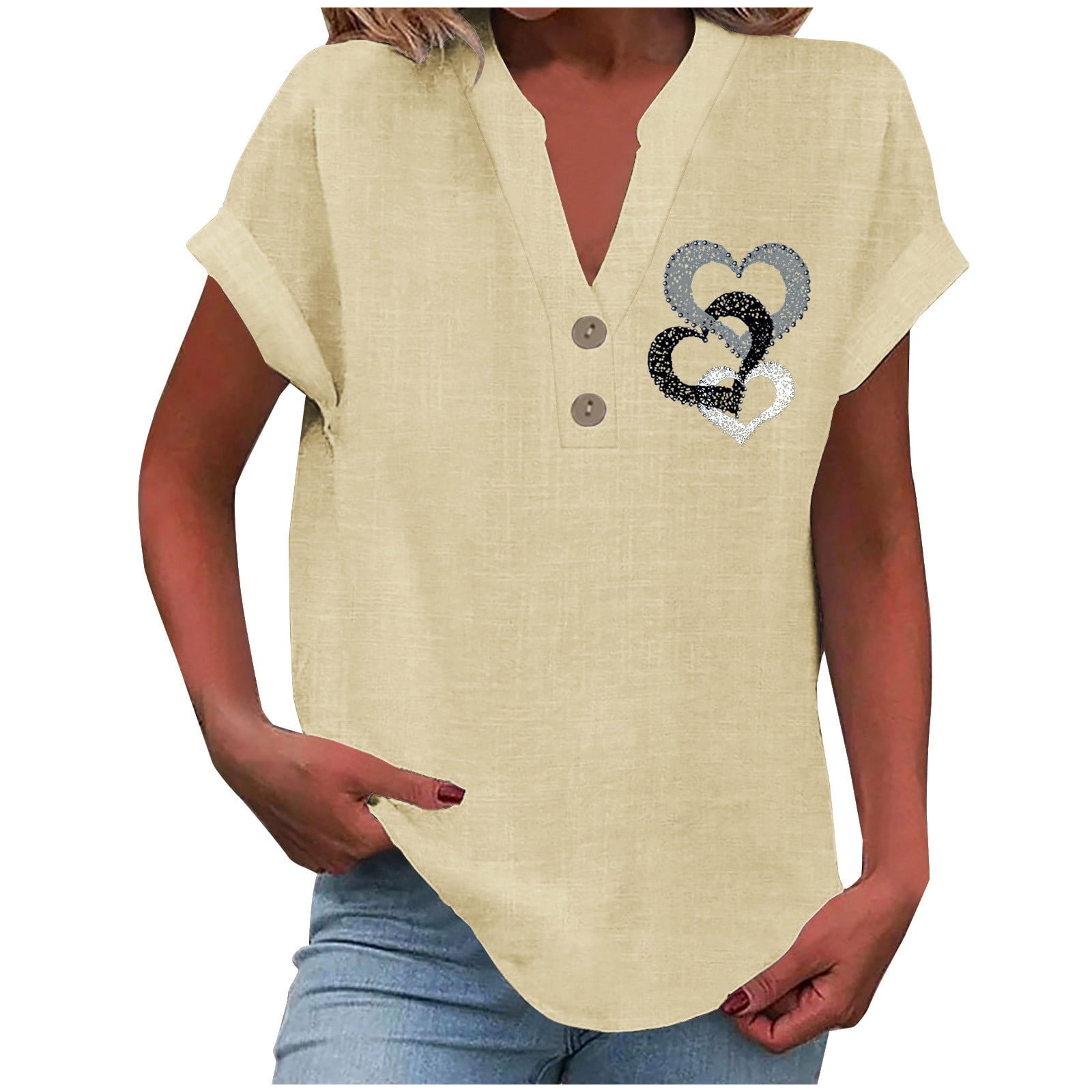 nerohusy Summer Linen Shirts for Women V Neck Button Down Shirt Plus ...