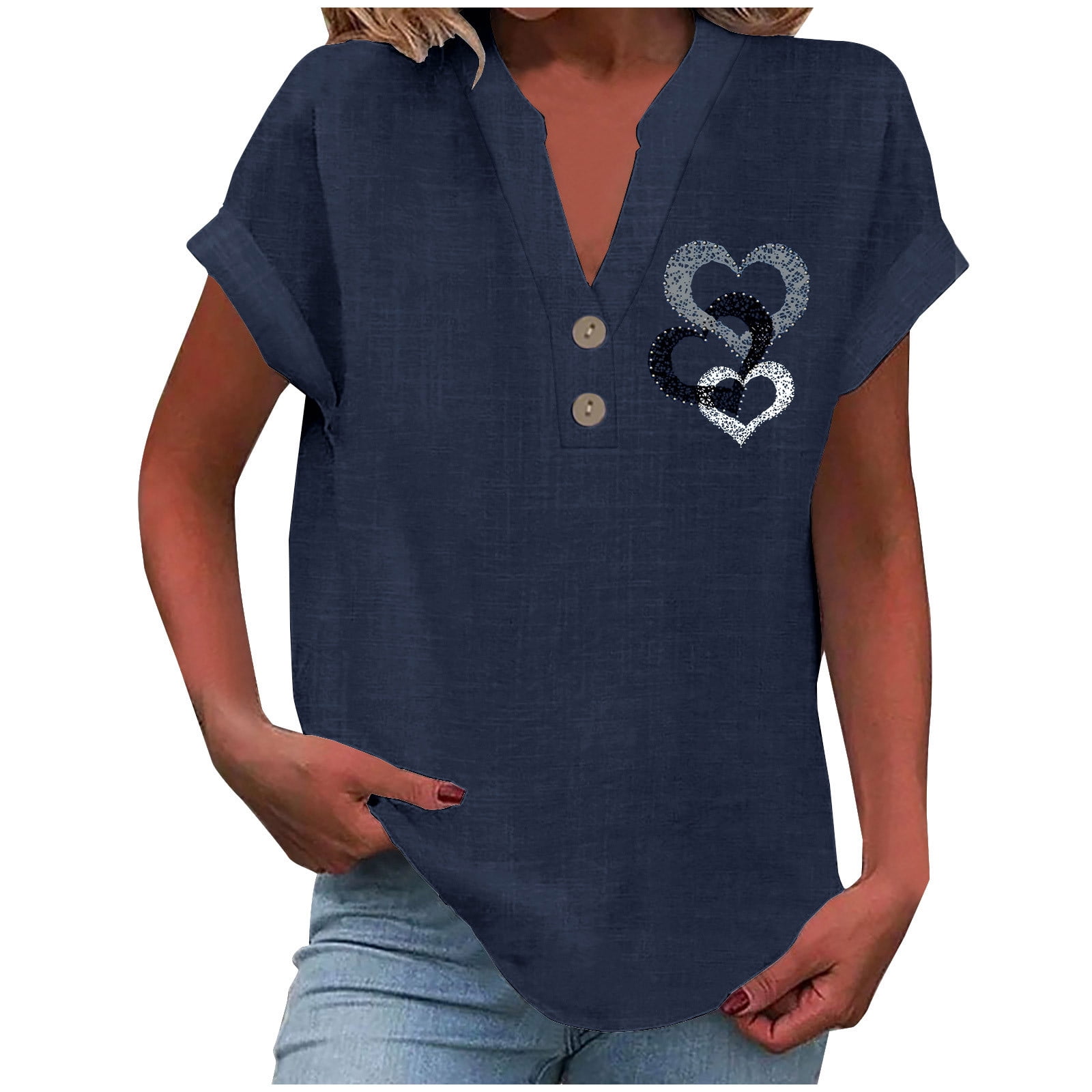 nerohusy Summer Linen Shirts for Women V Neck Button Down Shirt Plus ...