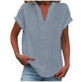 thumbnail image 1 of nerohusy Summer Linen Tops for Women Plus Size 2025 Dressy Short Sleeve Henley V Neck Button Down Shirts Loose Tunic Shirt Blouses Blue,M, 1 of 6
