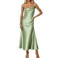 thumbnail image 1 of nerohusy Summer Satin Maxi Dresses for Women 2025 Cowl Neck Ruched Silk Formal Wedding Guest Spaghetti Strap Slip Dress with Slit Green,S, 1 of 7
