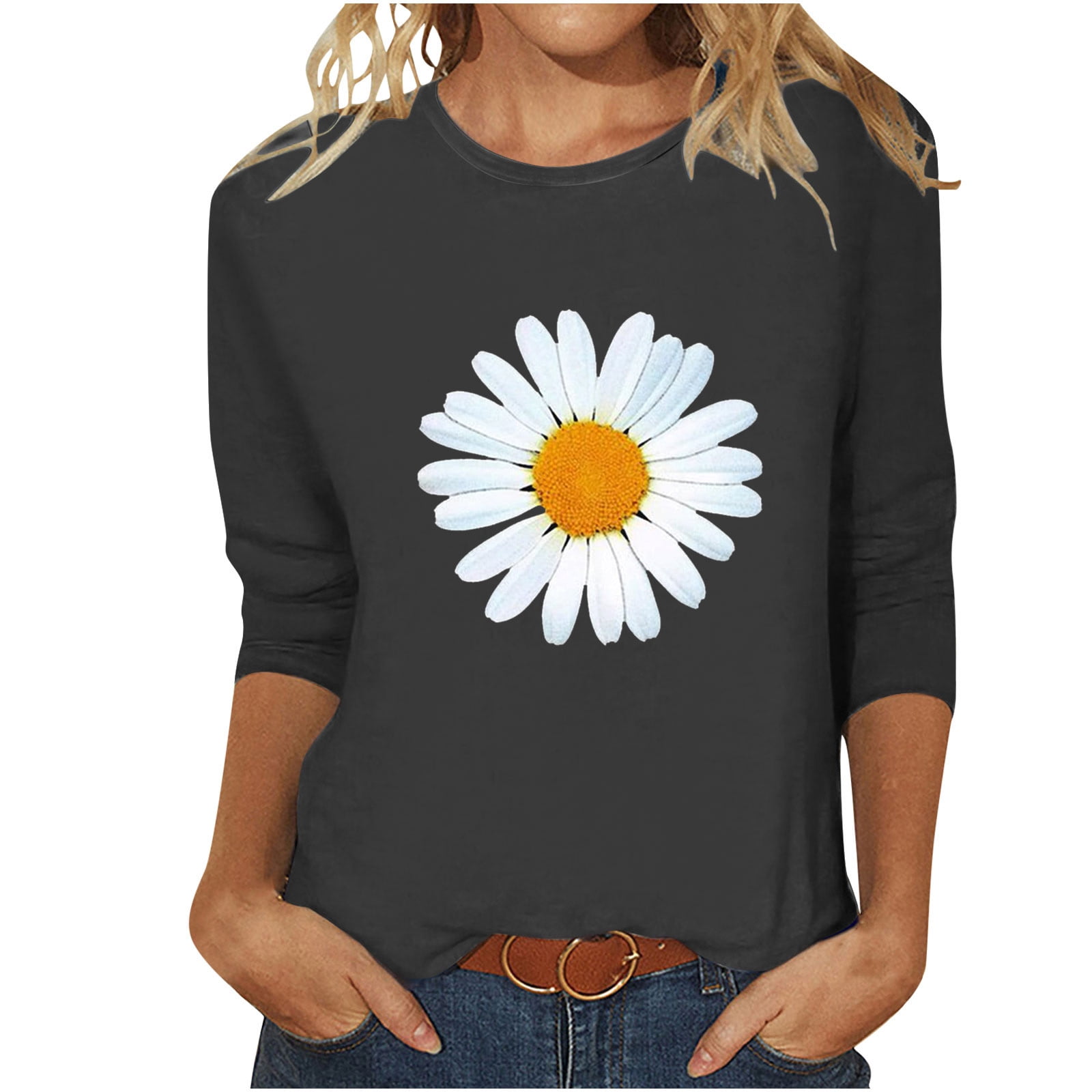 FLOWERS PRINTED WOMEN'S THREE QUARTER SLEEVE T-SHIRT SIDE POCKET main image 1