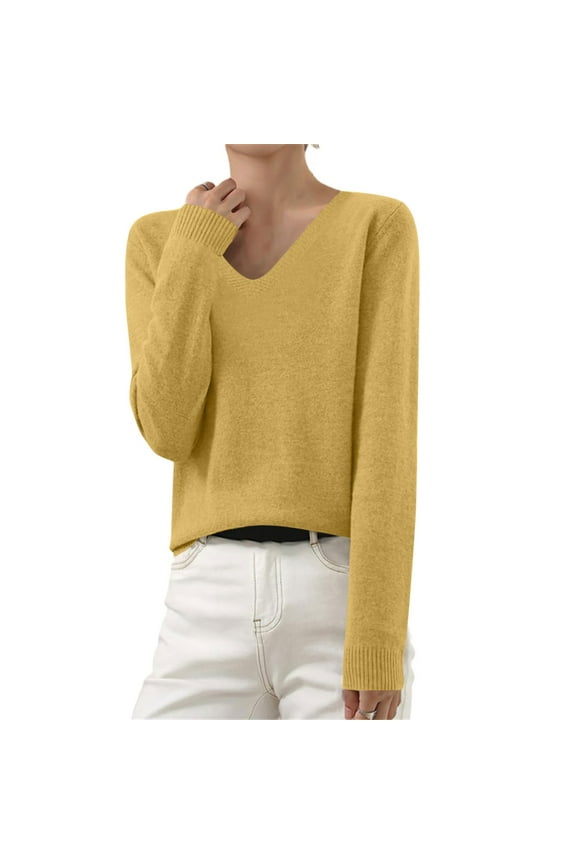 Sweaters Women 2025 Long Sleeve V Neck Ribbed Knit Tops Pullover Lightweight Wool Sweater Soft Cozy Warm Jumper Yellow,S