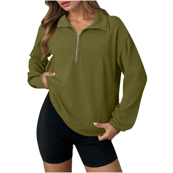 nerohusy Sweatshirt for Women Waffle Knit Quarter Zip Pullover Plain Oversized Lapel Lightweight Sweatshirts Sweater Tops 2025 Green,S