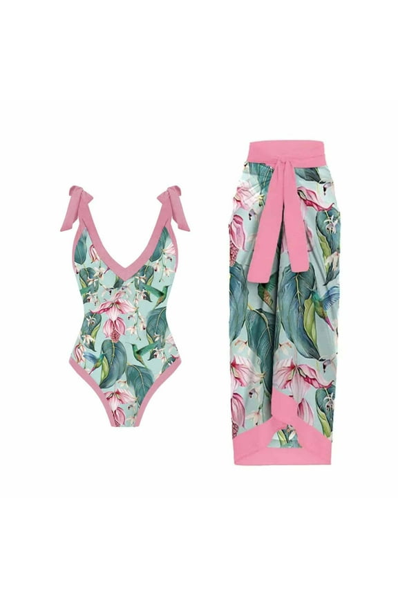 Swimsuit and Cover Up Set for Women,Womens One Piece Bathing Suits with Coverups Wrap Skirt Sarong Retro Floral Print Bikini Set Two Piece Swimsuits,Pink,XL