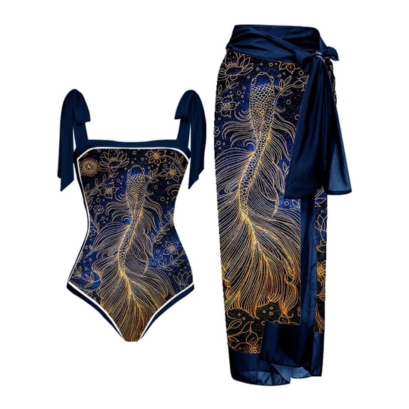 nerohusy Swimsuit Sets for Women with Cover Up,One Piece Bathing Suit for Women with Beach Cover up Wrap Skirt Two Piece Swimsuit Sarong Retro Floral Print Bikini Set M