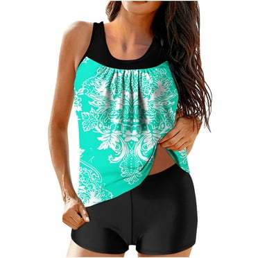 nerohusy Swimsuits Women Tankini Shorts,Womens Tankini Swimsuits with Shorts Graphic Printed 2 Piece Swimsuits Athletic Bathing Suits Modest Tank Tops Sets Green