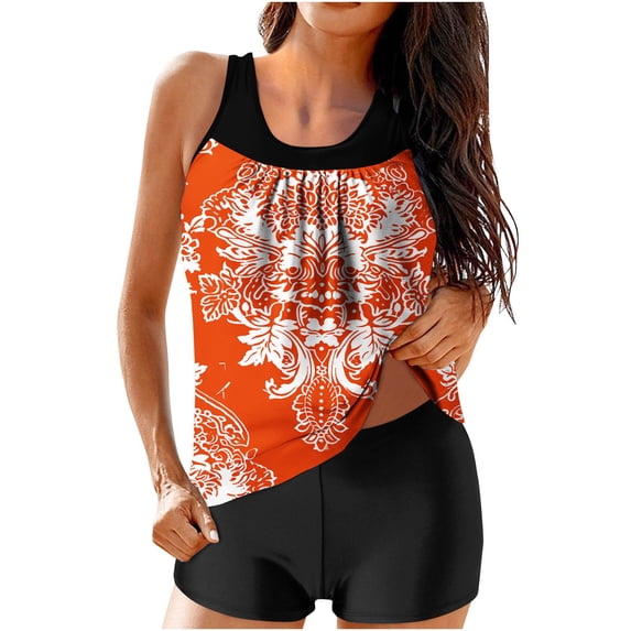nerohusy Swimsuits Women Tankini Shorts,Womens Tankini Swimsuits with Shorts Graphic Printed 2 Piece Swimsuits Athletic Bathing Suits Modest Tank Tops Sets Orange