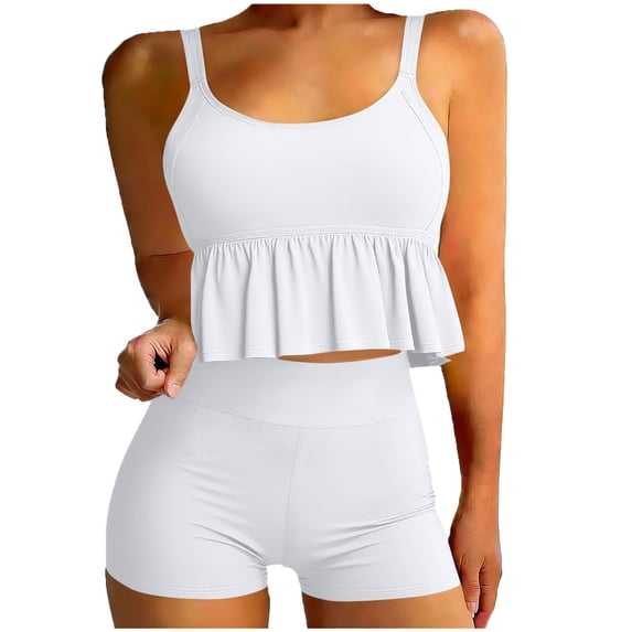 nerohusy Tankini with Boyshorts for Women Cropped Ruffle Hem Tank Top Two Piece Beach Swimsuits,White,S
