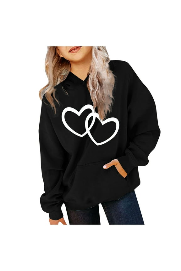 Teenager Hoodies for Girls Cute Hoodies for Teen Girls Heart Printed Hooded Sweatshirts Oversized Long Sleeve Hoodie with Pockets 2025 Black,13 Years
