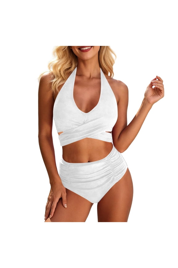 Tummy Control 2 Piece Halter Bikini for Women Crisscross Wrap Front High Waisted Bathing Suit,White,S