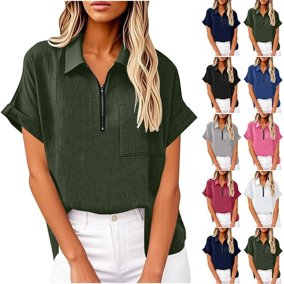 nerohusy V Neck Linen T Shirts for Women Half Zip Short Sleeve Tops with Pocket Casual Solid Color Lapel Collar Blouses,White,XXL